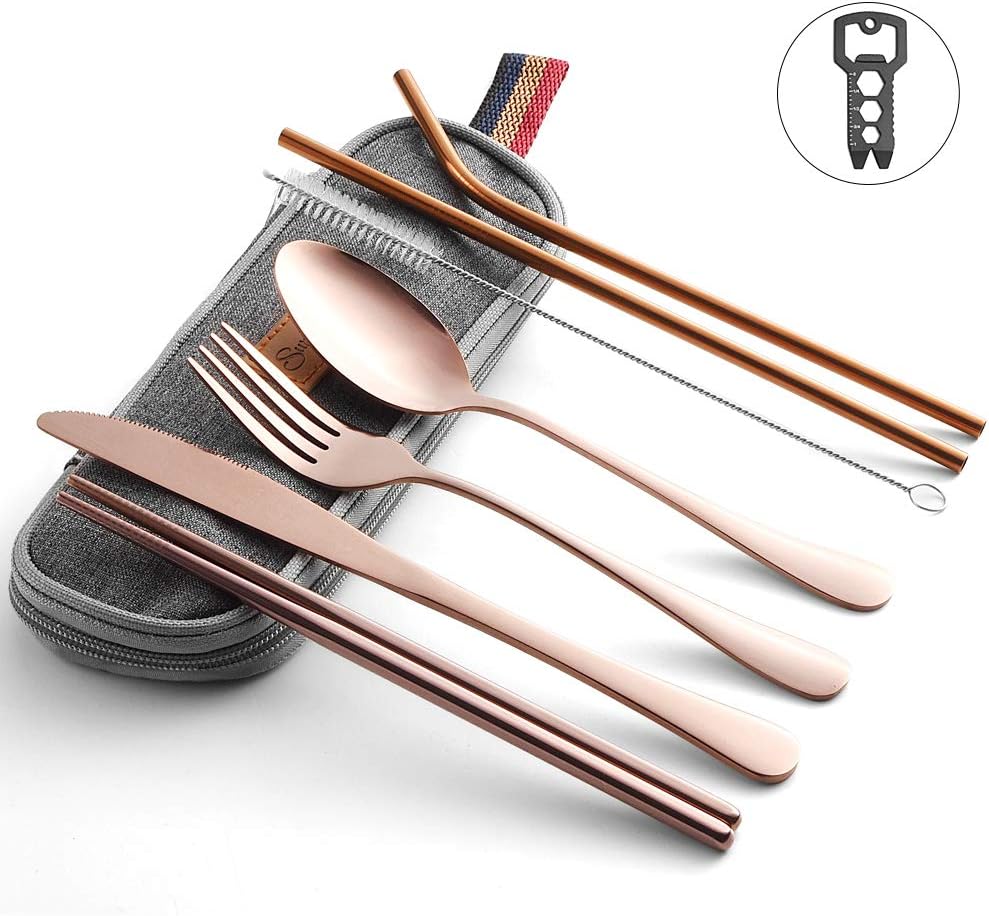 Shell and Turtle Travel Utensil Set, Reusable Utensils with Case, Camping Cutlery Set, Portable Flatware including Knife Fork Spoon Chopsticks Cleaning Brush Straws, Multi-Tool, Dish Cloth (Rose Gold)