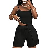 LovelyWholesale Women 2 Piece Short Sets Summer Spaghetti Strap Tank Top and Sweat Shorts Matching Set