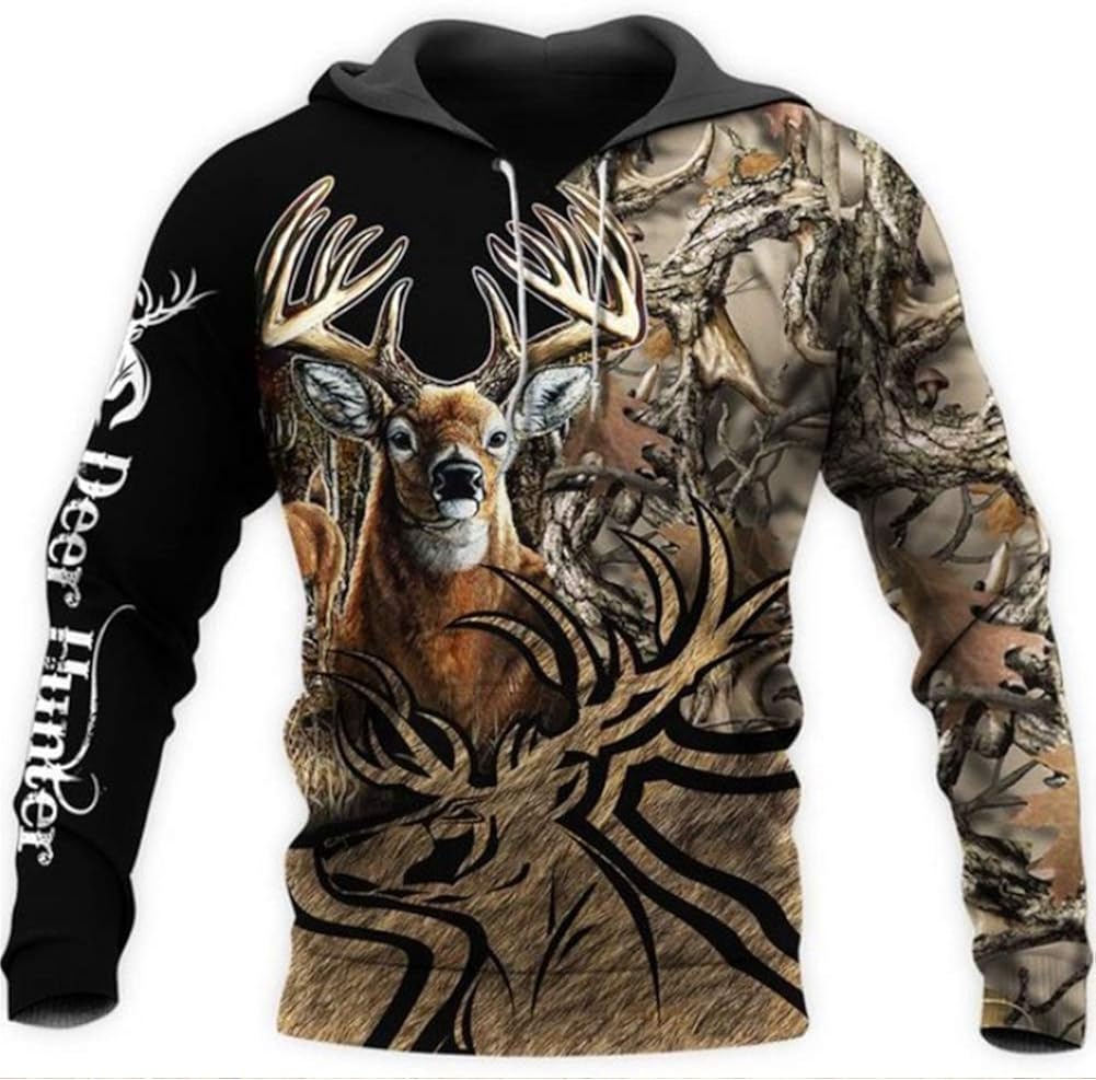 Men 3D Print Deer Hunting Spring Hoodie Hooded with Pockets Unisex Long