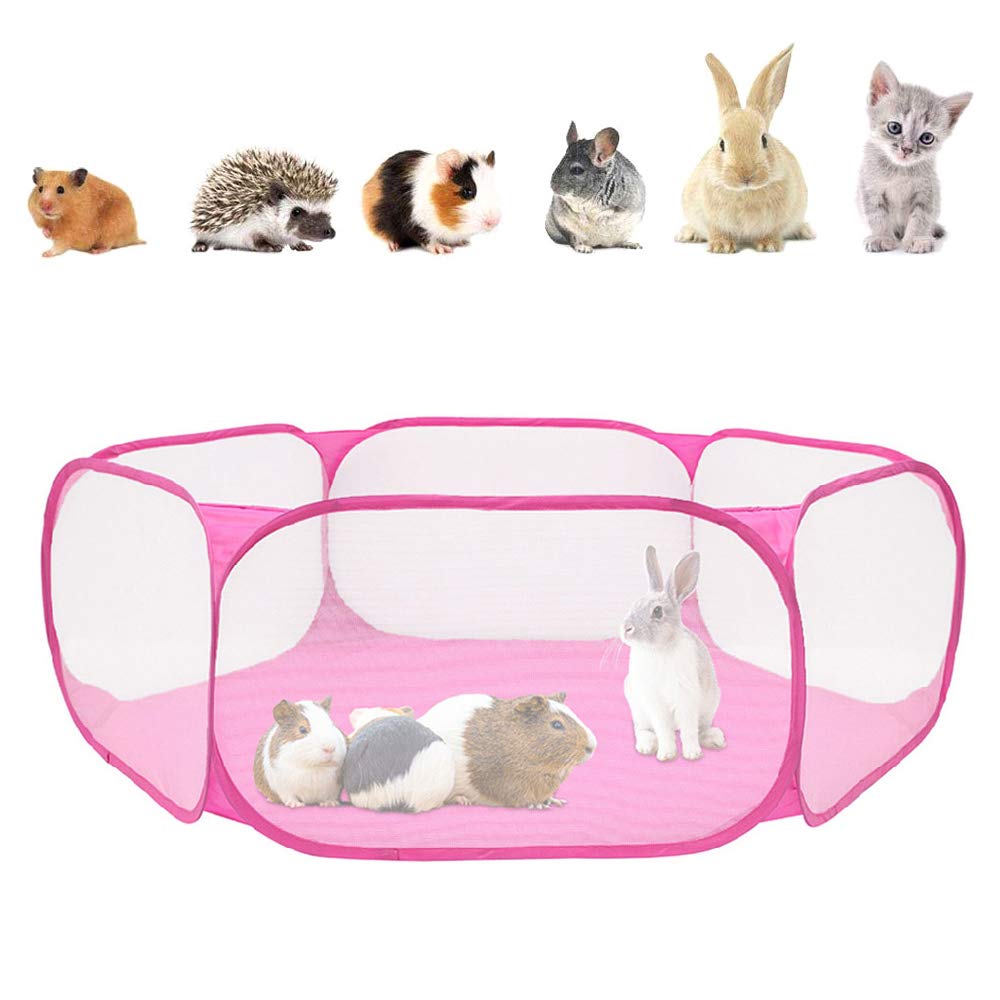 Small Animals Playpen Breathable Portable Pet Cage Tent Pop-Up Exercise Yard Fence Folding Play Pen Outdoor Indoor Sports Tent for Guinea Pig, Rabbits, Hamster, Chinchillas and Hedgehogs (Pink)