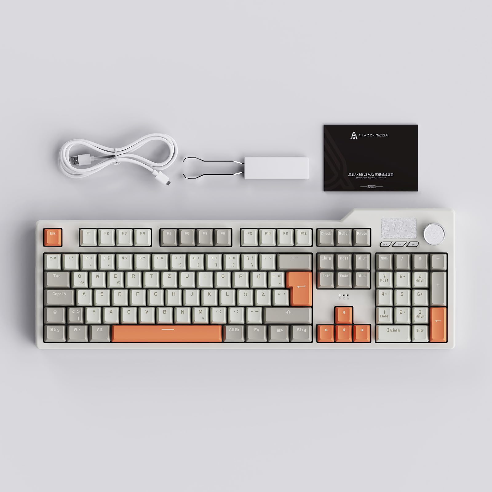 nacodex AJAZZ AK35I V3 Kabelgebundene Mechanische Tastatur, 104 Tasten Gaming Tastatur, Ausgestattet Mit Multimedia-Tasten Und Drehknopf, Mit Deutschem QWERTZ-Tastaturlayout, Grau Beige Orange 8