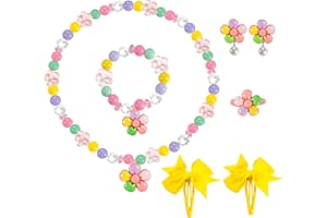 Klorify Handmade Unique Flower Pendant Kids Jewelry Set for Little Girls Toddler - Stretch Necklace Bracelets Rings Clip On Earrings - Bow Hair Clips - Birthday Party Costume Dress Up w/Gift Box Bags