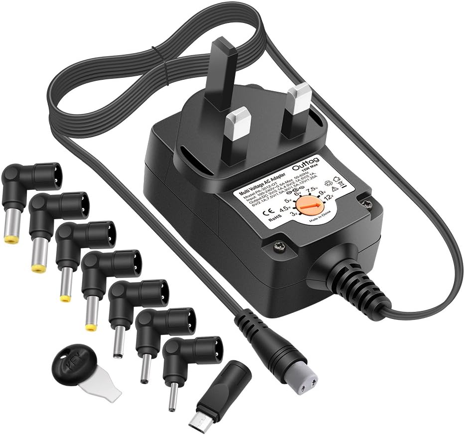 Outtag Regulated Universal 15W AC DC Power Adapter 3V-12V 7 Different Kinds of Voltag Adjstable & 8 Popular Tips Replacement for Household Electronics, Other Rechargeable Devices 5Ft Cord Center +
