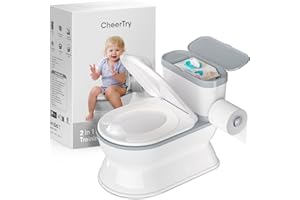 CheerTry 2-in-1 Toddler Potty Training Toilet - Larger Potty Chair & Detachable Training Seat for Boys & Girls Ages 1-3 with Flushing Sound, Wipes Storage, Toilet Paper Holder - Grey