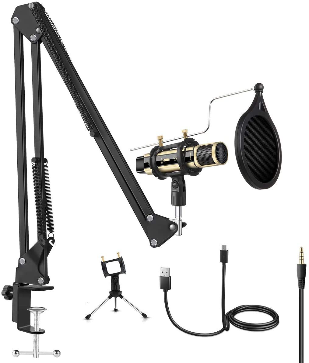 Studio Recording microphone Kit, ZealSound Condenser Broadcast Microphone w/Tripod Stand Built-in Sound Card Echo, Pop Filter, Plug & Play for Phone Computer PC Singing Smule Live Stream YouTube