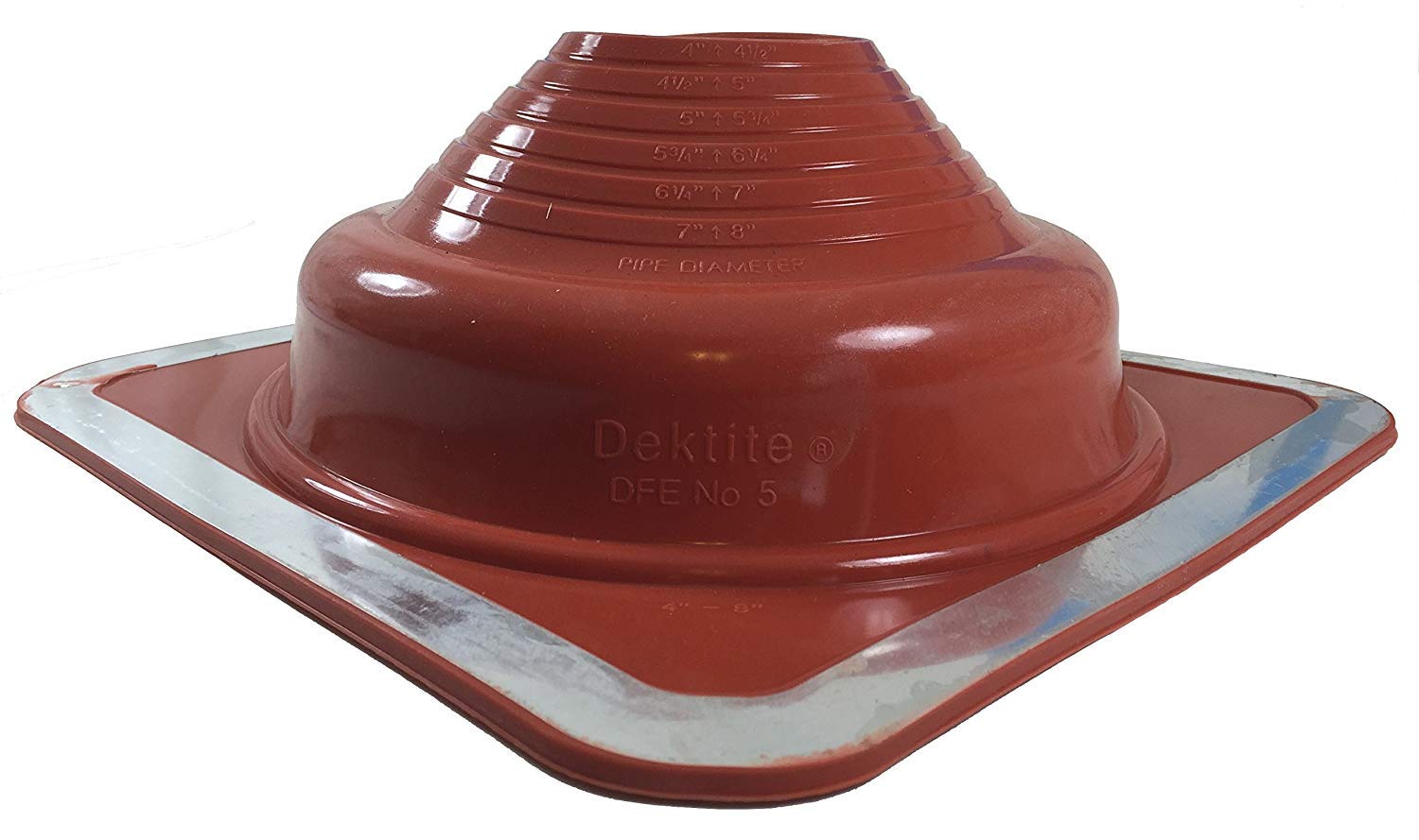 Dektite Premium #5 Red Silicone Metal Roof Pipe Flashing, High Temp, Square Base, Pipe OD 4" to 8"