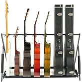 Stage Rocker Multi Guitar Stand, Foldable 7 Holder Rack with Adjustable Height &amp; Width, Easy Assembly &amp; Storage, Reliable Soft Foam Padding to Protect Acoustic or Electric Guitars &amp; Basses, Black.