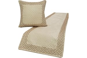 The HomeCentric King/Queen/Twin Ivory & Gold Designer Twin 53"x18" Bed Runner Without Pillow Cover, Mosaic & Beaded Bed Scarf on Jacquard Fabric - Tessellation