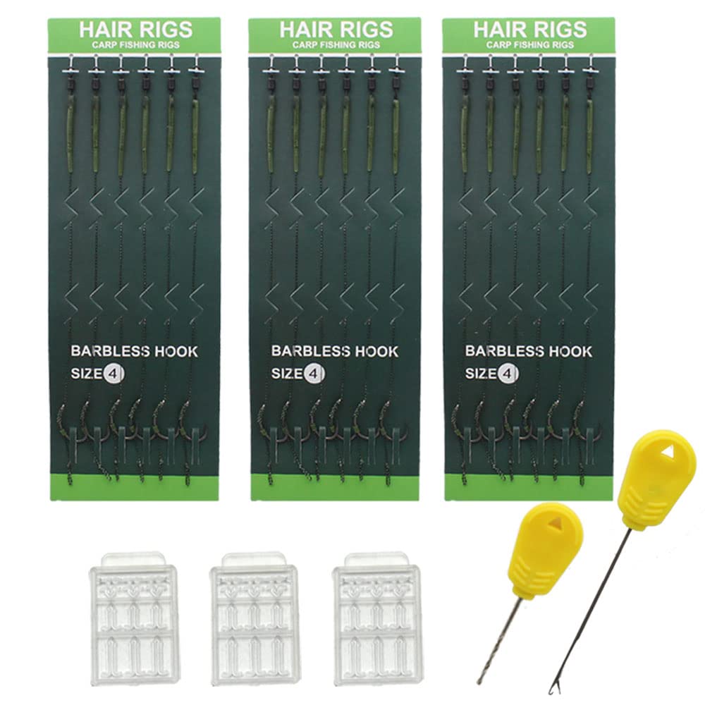 18PCS Carp Fishing Hair Rigs Ready Tied Wide Gape Barbless Telfon Carp Hook with Hair Extender Bait Stoppers Baiting Needle (2# 18PCS)