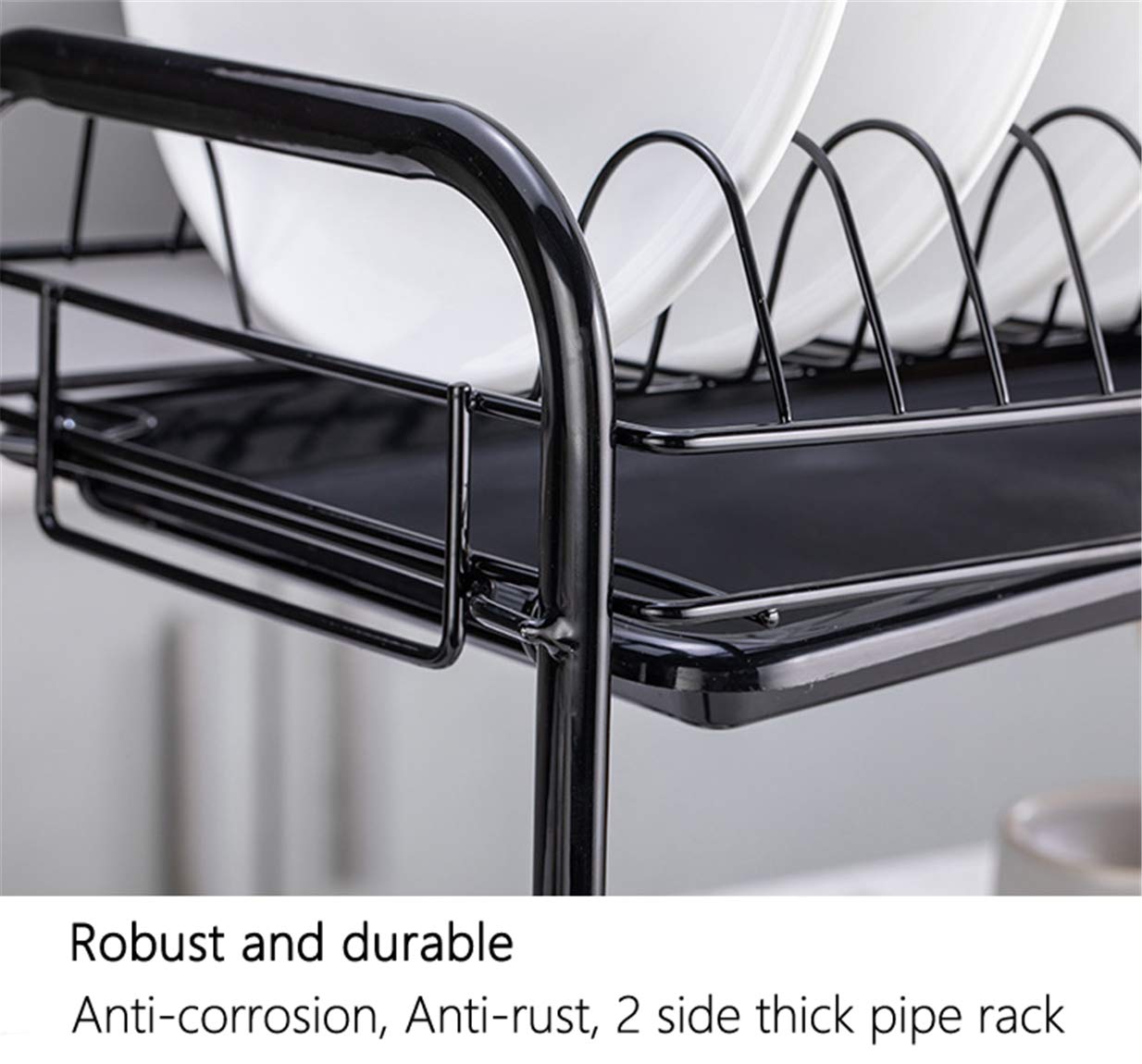 Dish Drying Rack 2-Tier Chrome Plating Dish Rack Stainless Steel Kitchen Dish Drainer Rack Organizer Tool-Free Installation With Utensil Holder/Drain Board/Cup Hoder 2 Layers Cutlery Rack