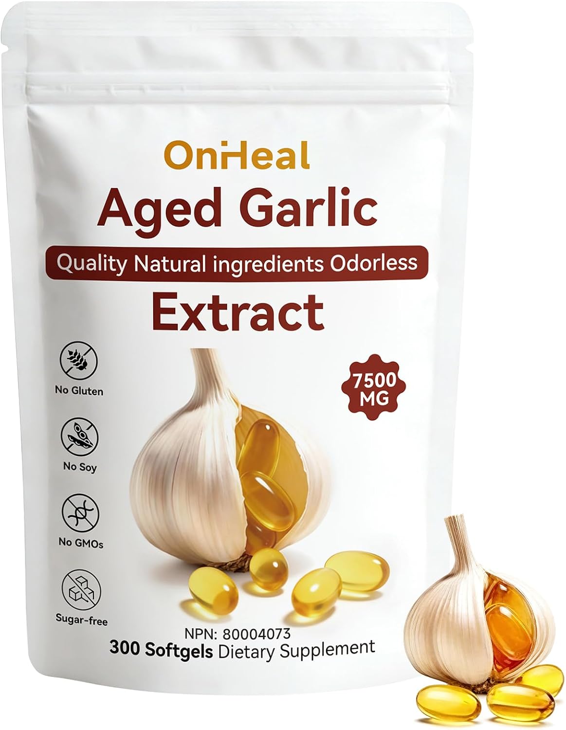 OnHeal Aged Garlic Extract Capsules, 300 Count 7500mg Odorless Garlic Supplement, Rich in Magnesium, Chromium, Vitamin B1 & B9, Supports Immune Health and Heart Function | 2-Year Aging | Antioxidant Benefits