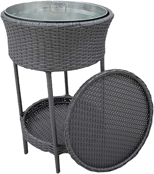 Amazon Com Double Storey Outdoor Rattan Wicker Bar Table Rattan Style Outdoor Patio Table Designed Cooler All Weather Wicker Bar Table With Ice Bucket For Party Pool Deck Backyard Three Colors Choose Gray Home Kitchen