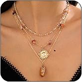 QLYOVWE Crystal Sun Layered Necklace for Women Boho Natural Healing Crystal Pendant Necklace Summer Beach Sun Vintage Necklace Fashion Jewelry Gift