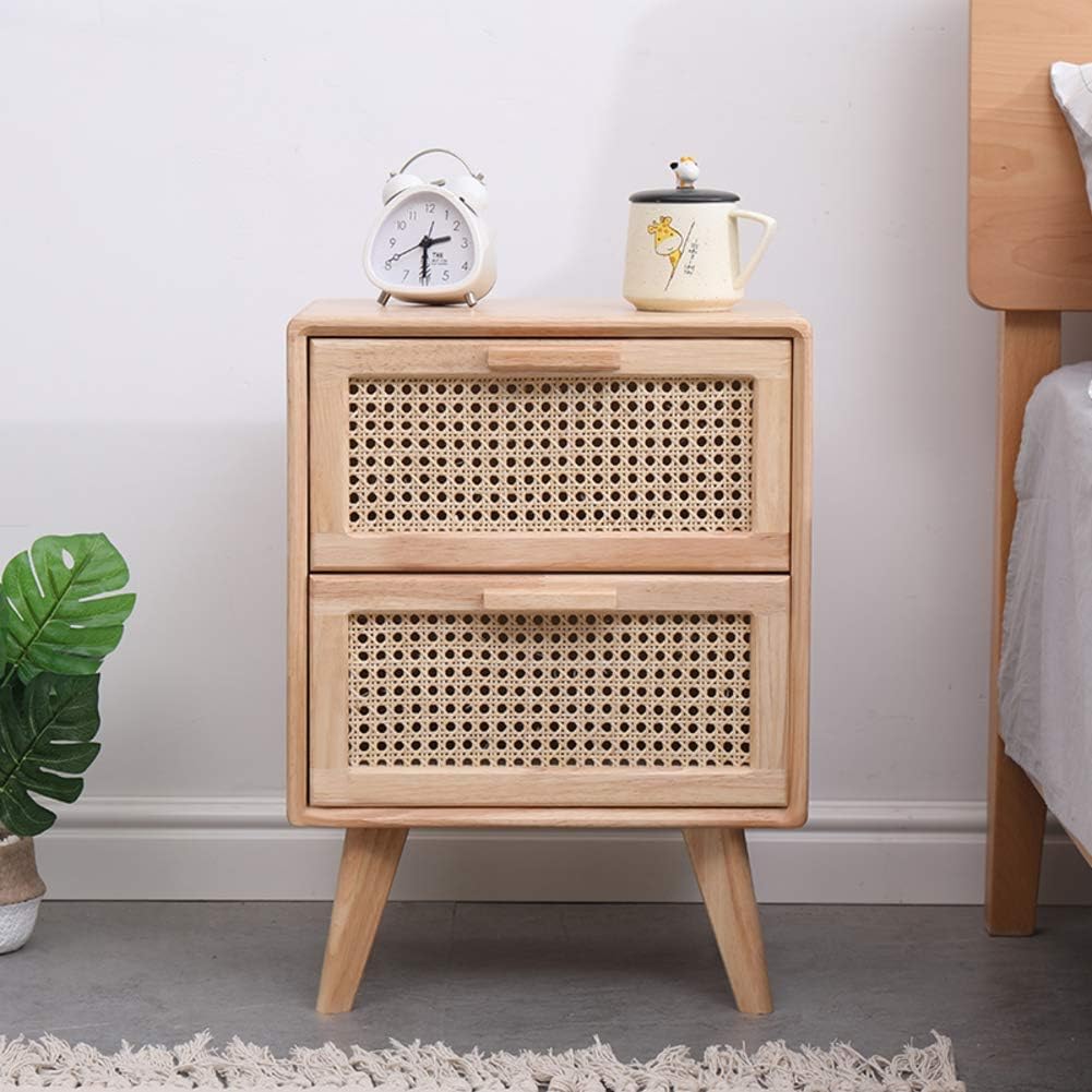 HYRGLIZI Wood Bedside End Table Printed Rattan,2 Drawer Night Stand