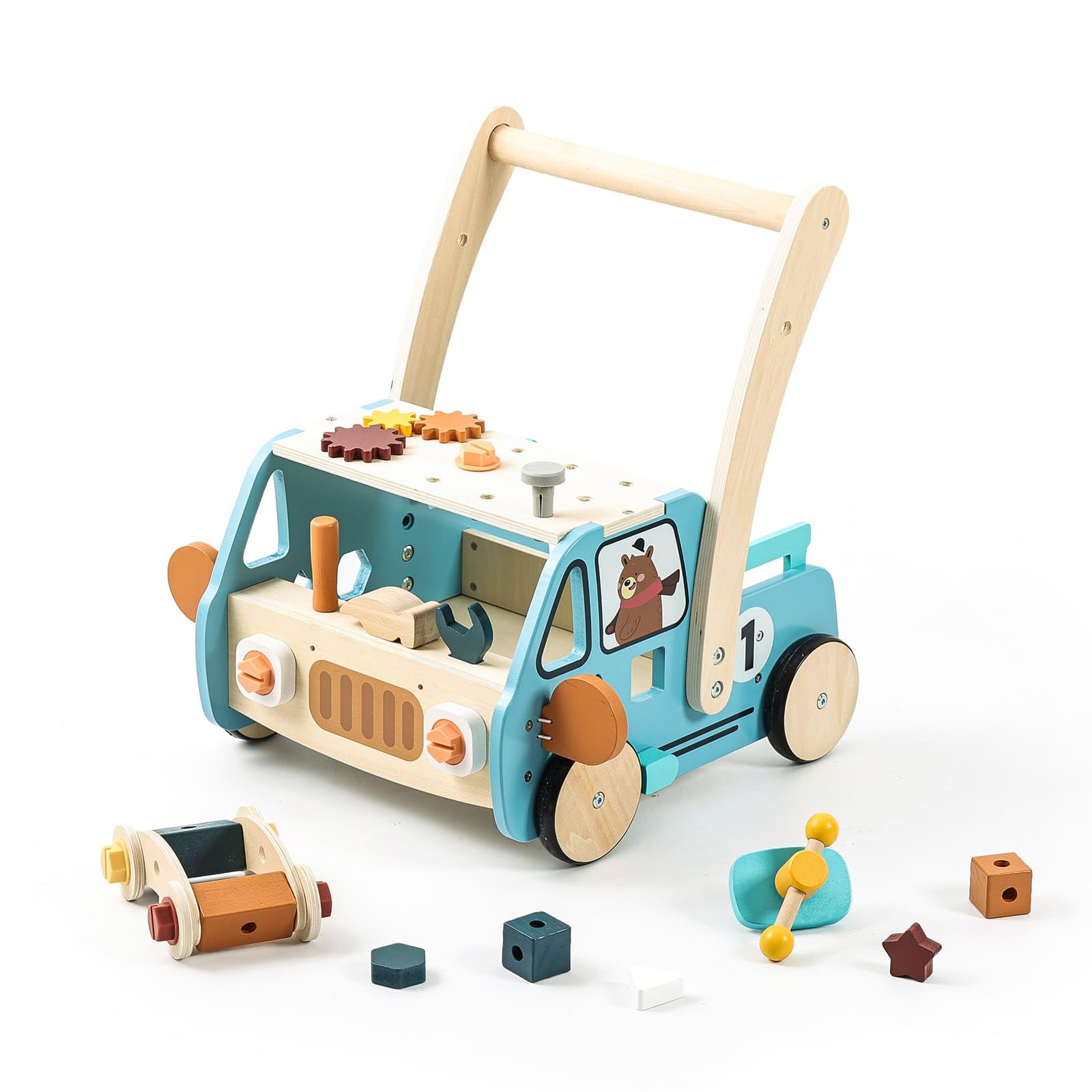 Photo 1 of IEATFO Wooden Baby Walker Adjustable Height with Tool Bench and Toy Storage Wagon - Multifunctional Toddler Push Walker Ergonomically Designed for Natural Walking - 3+ Years of Continuous Use