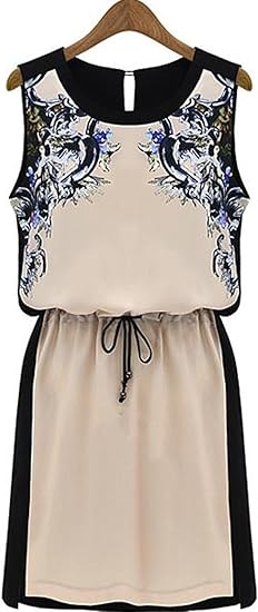 Amazon Co Jp Yeenoke 2ピース風 バイカラー サテンワンピース タイト ノースリーブ 前後色違い ワンピース セレブファッション ノーカラー ミニワンピース 柄ワンピース レディースファッション S M L Xl 2xl 3xl 4xl Xl ベージェ 服 ファッション小物