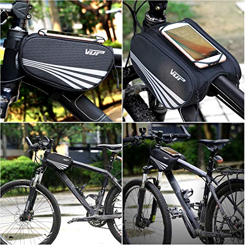 VUP Bike Bag for Top Tube, Bicycle Front Tube Frame Bags w/Open-face 180°Rotatable Silicone Strap Phone Holder Fit 4 to 6.5 inche Cell Phone, Road Bike Accessories