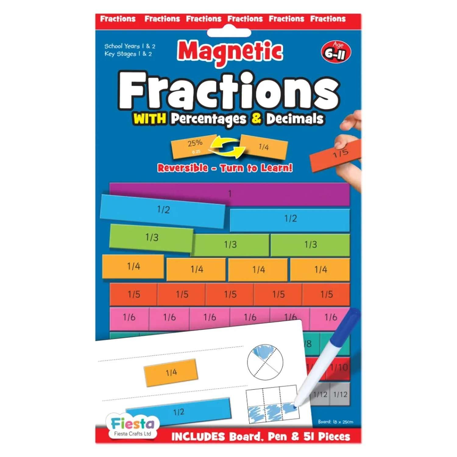 Fractions Resources for Children by Fiesta Crafts - Double Sided Magnetic Fractions with Decimals & Percentages for Learning Maths - Board, Dry Wipe Pen & 51 Magnetic Tiles - Educational Gift — image 1