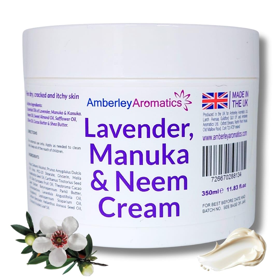 Lavender, Manuka & Neem Cream - Antibacterial, Anti-fungal, Antiseptic, Anti-Itch, Dry and Cracked Skin. Suitable for Senstive Skin. Eczema & Psorasis. Chapped Skin, Rough Dry Skin. (350ml Jar)