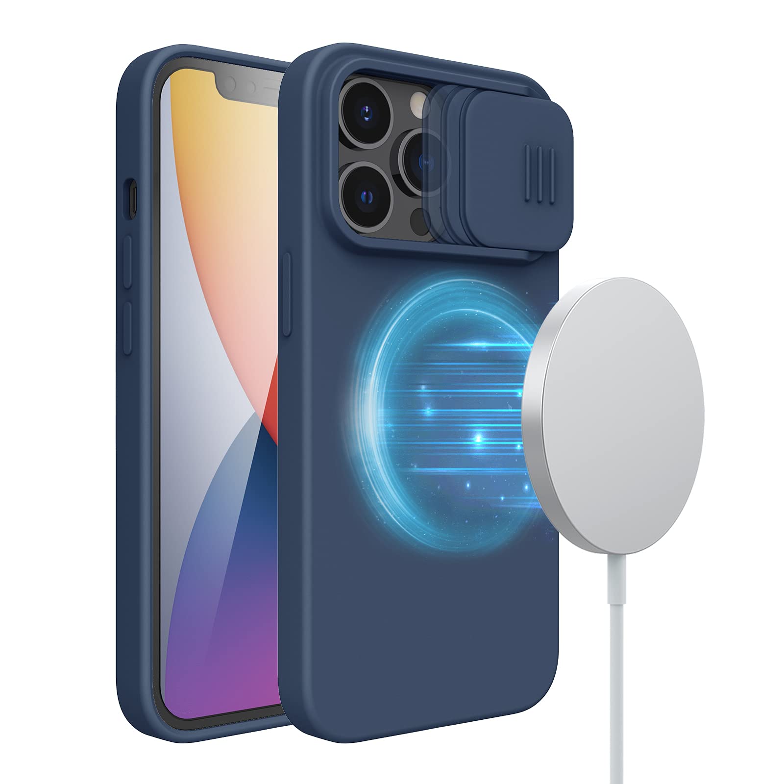 Nillkin Liquid Silicone Case Designed for iPhone 13 Pro Case, Slide Camera Cover, Magnetic Case Compatible with MagSafe, Shockproof Protective Case with Soft Microfiber Lining 6.1 inch, Blue