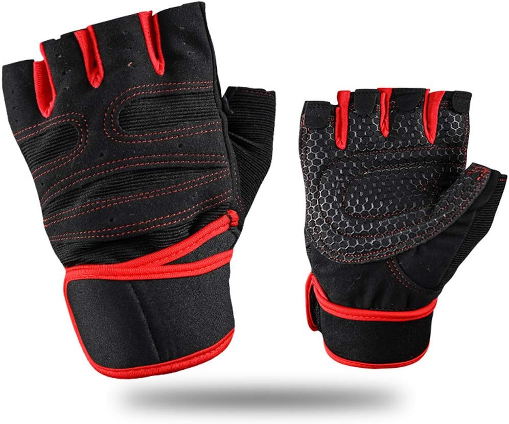 Feleph Weight Lifting Gloves with Wrist Wraps Support Workout Gloves for Men/Women Half Finger Gym Gloves for Fitness, Exercise, Gym Cross Training,Breathable Non-Slip, Strong Grip(Red, XL)