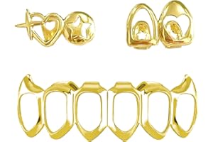 ZZQPSD 3PC Gold Grillz Set Open Face Hip Hop Teeth Jewelry Gold Plated Dental Caps for Top Bottom Removable Grills for Men Women (gold)