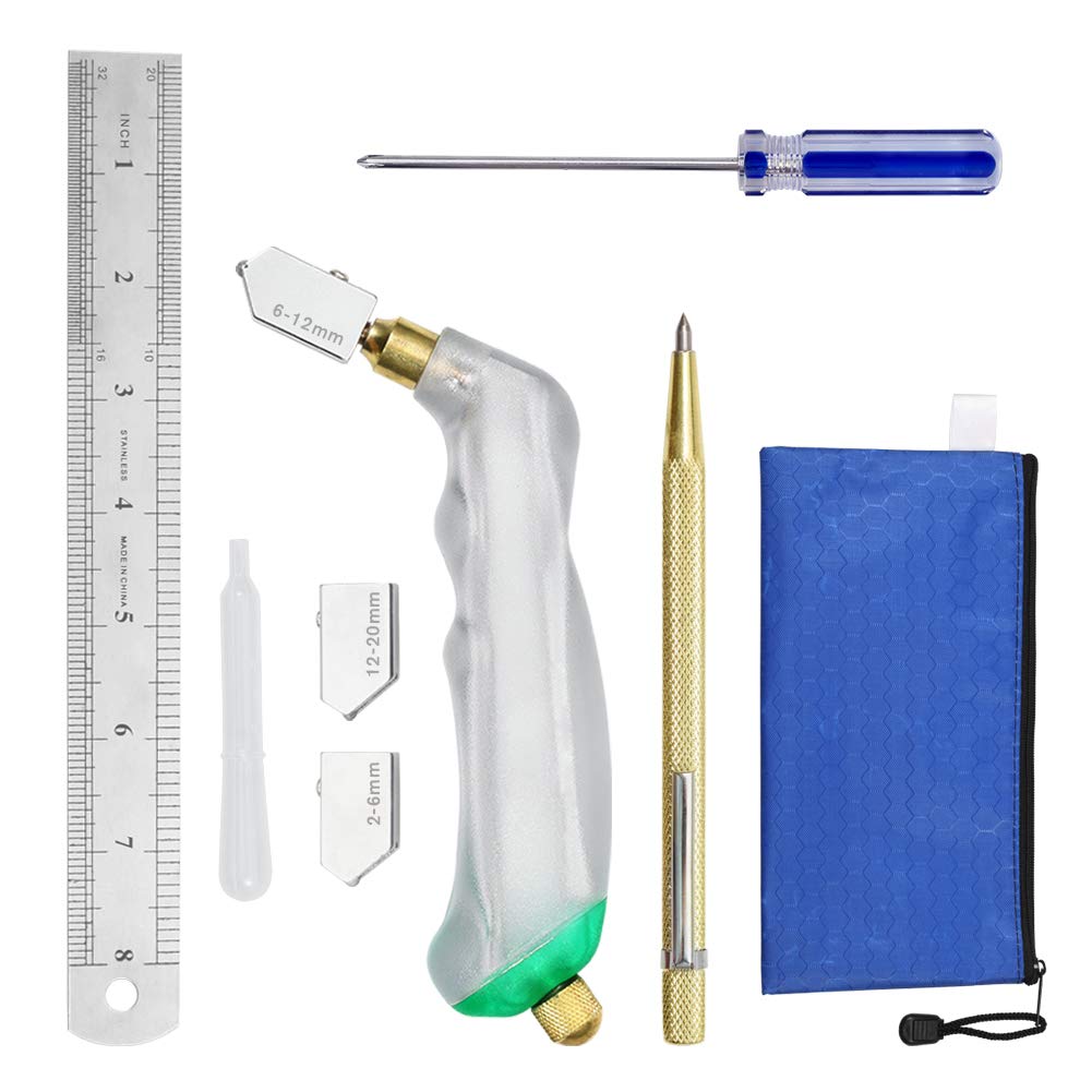 SPEEDWOX Pistol Grip Oil Feed Glass Cutter with 2 Replaceable Blades 2mm-20mm Tungsten Carbide Tip Scriber Oil Dropper Screwdrive Steel Ruler Glass Cutter Tool Set