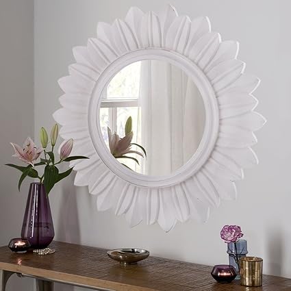 Homesake Sunburst Decorative Wooden Handcarved Wall Mirror, Classic White