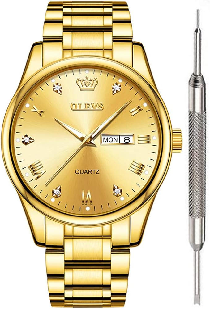 Amazon Olevs クラシック腕時計 メンズ アナログクォーツウォッチ レザー ステンレススチール 頑丈な防水腕時計 ローマ数字 ユニークなカレンダー 日付 ビジネス腕時計 Gold ゴールド メンズ腕時計 腕時計 通販