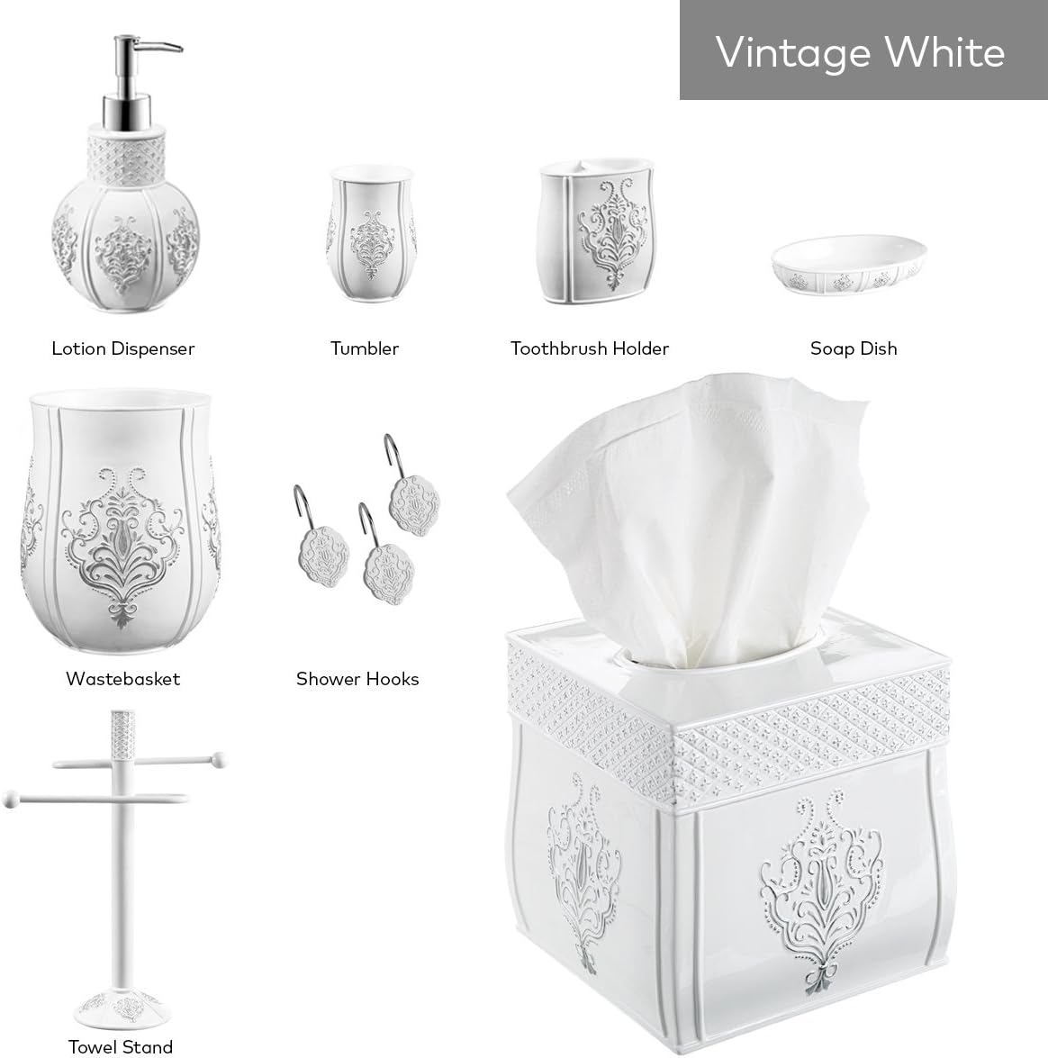 Creative Scents Vintage White Hand Soap Dispenser (4.25” x 4.25” x 7.75”) Countertop Decorative Lotion Pump, Resin Shower Dispensers, for Elegant Bathroom Decor White/Silver: Home & Kitchen