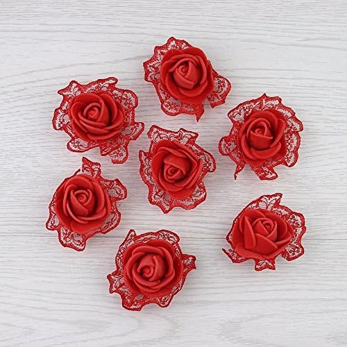 HJFF-20pcs Foam Lace Rose Artificial Flower Wedding DIY Decorative Wreath Accessory ,Lace Rose Flower-Red