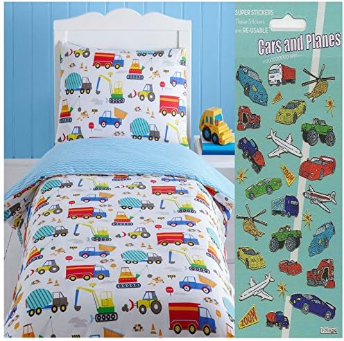 Bright Trucks 2 Piece UK Junior/US Toddler Sheet Set – 1 x double sided sheet &amp; 1 x pillowcase + FREE Vehicles Small Stickers Pack