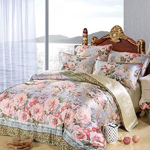 DHWJ Silk four-piece, Mulberry silk Wedding suite Bedding Slk quilt cover Double-sided silk 1 quilt cover, 1 sheet, 2 pillow cases - 4 piece-E Queen2