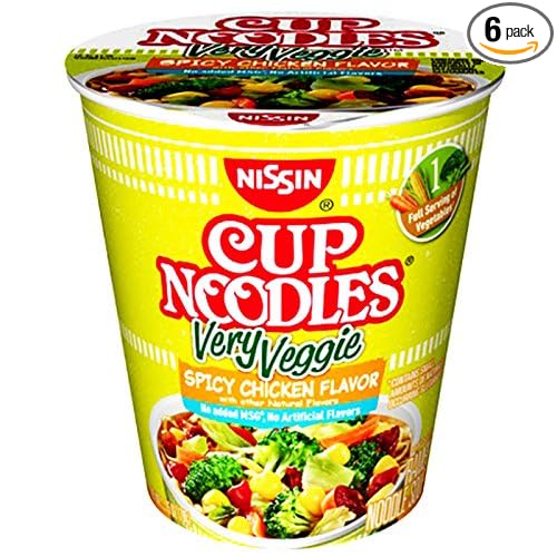 Nissin Cup Ramen Noodle Soup Very Veggie Spicy Chicken Flavor 275 Ounce Pack Of 6