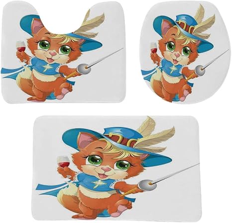 Amazon 猫 玄関マット 便器の装飾 バスマット トイレマット 3点セット 子猫と銃剣とグラスワインの騎士猫の楽しい漫画アート 防音 ラグマット 洗える おしゃれ 50 80cm ブルーベージュオレンジ 玄関マット オンライン通販