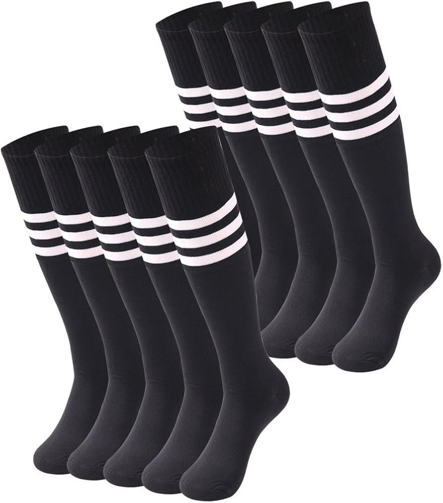 saounisi Unisex Volleyball Socks,10 Pairs Knee High Socks White Stripe Football Soccer Team Sports Tube Long Cheering Squad Socks Size 9-13 Black: Clothing