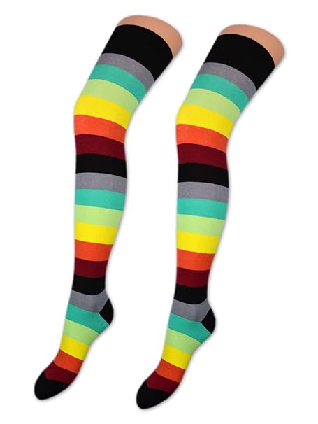 sockenkauf24 2 Paar Overknee Strümpfe Baumwolle Socken Overknees in vielen Farben & Mustern - Ringel & Uni - 10723