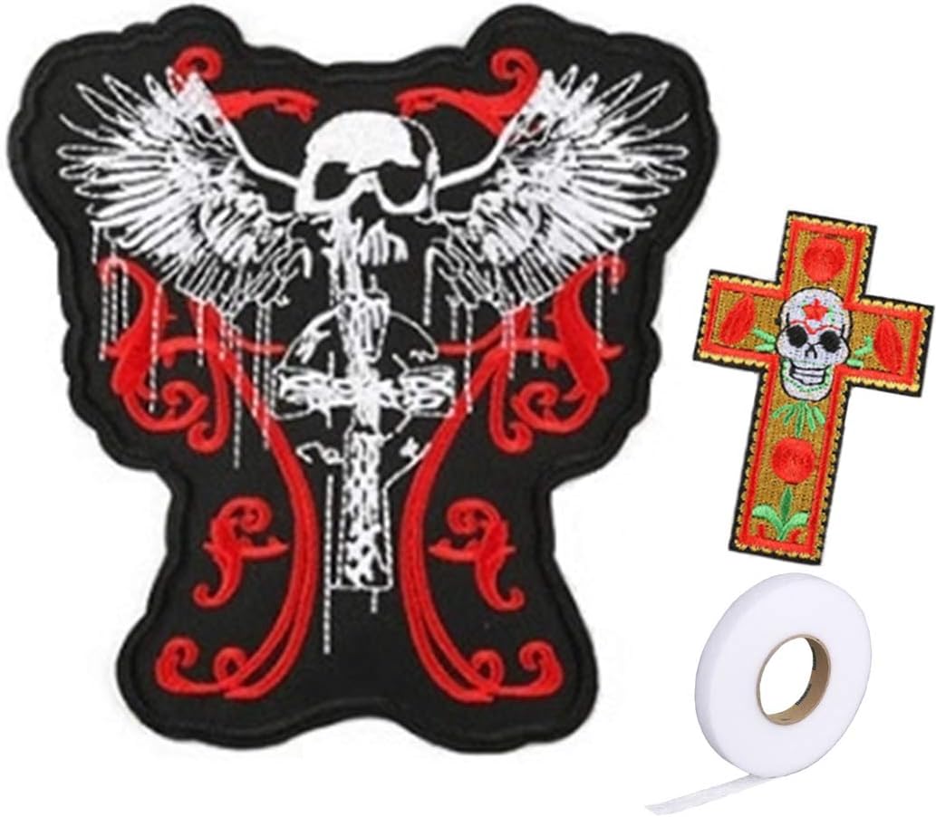 Amazon ワッペン スカル 大1枚 十字架 アイロンテープ付き 2m アイロン接着 刺繍 アップリケ カラベラ メキシカンスカル お洒落 Bikeスカル大2ｍ ワッペン アップリケ 通販