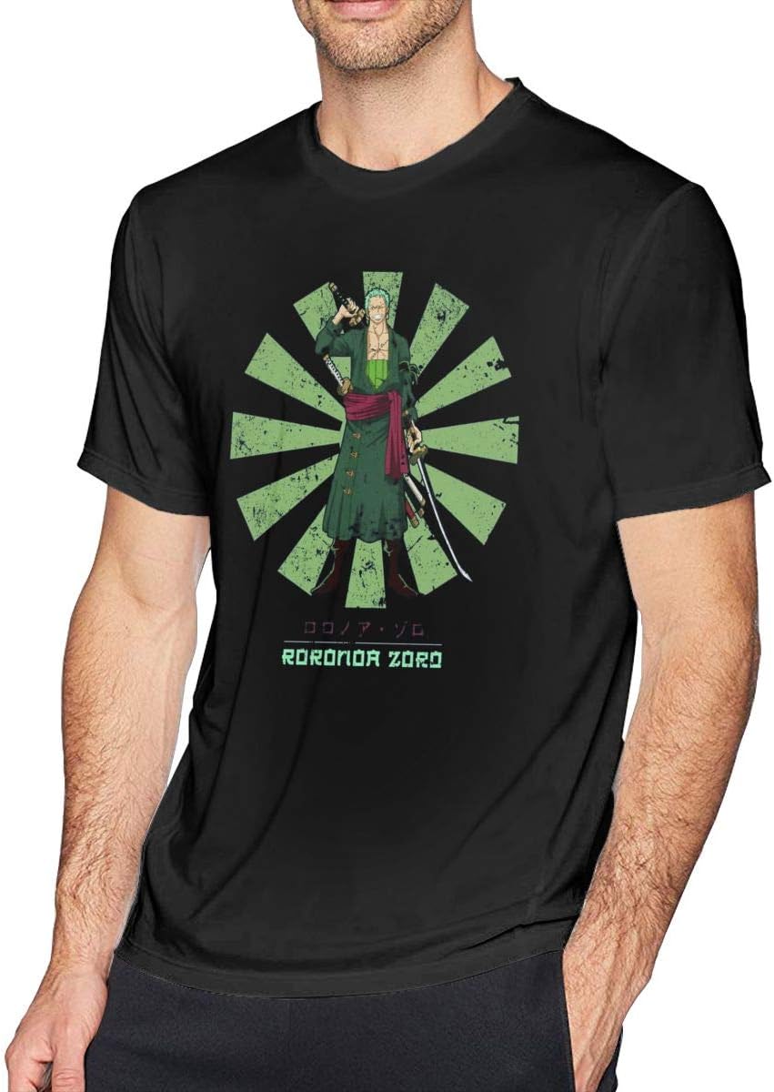 ERDONE One Piece Roronoa Zoro Retro Japanese Mens Tee Classic Short Sleeve T-Shirt Black