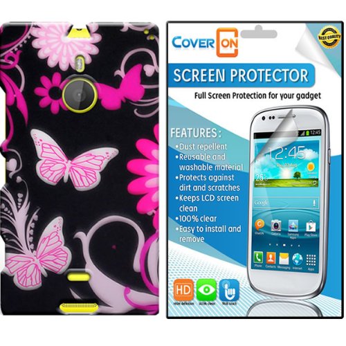 CoverON Nokia Lumia 1520 Hard Plastic Slim Case Cover Bundle with Clear Anti-Glare LCD Screen Protector - Pink Butterfly