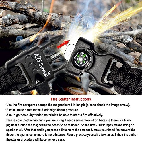 A2S Protection Paracord Bracelet K2-Peak - Survival Gear Kit with Embedded Compass, Fire Starter, Emergency Knife & Whistle (Black/Orange 7.5" for Kids) - Thumbnail 5