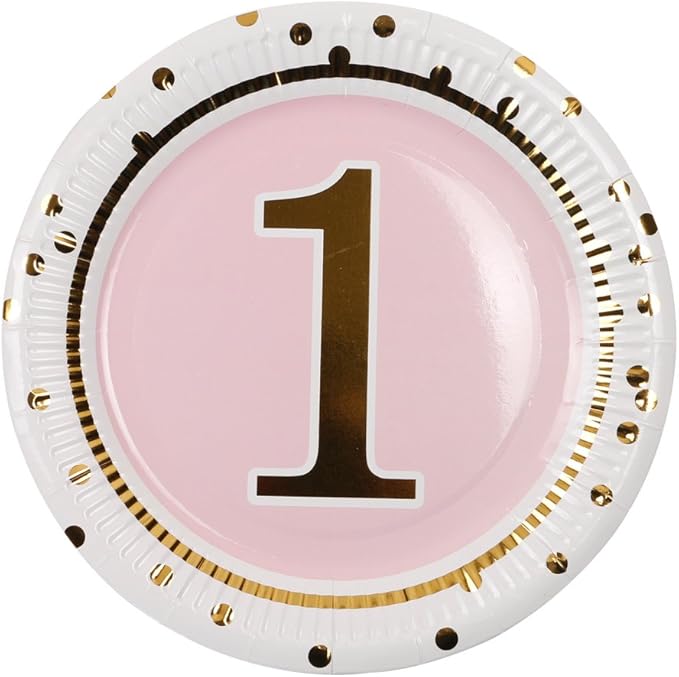 Geeklife 1st Birthday Girl Gold Paper Plates ,Cute Pink