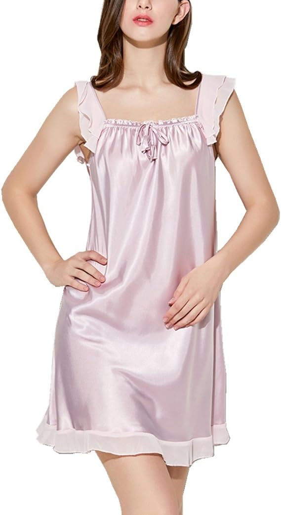Amazon Tubame Jp レディース 高級 シルクパジャマ レース付きワンピース セクシー 光沢あり 心地よい 無地 純色 部屋着 ルームワンピース ネグリジェ 通販