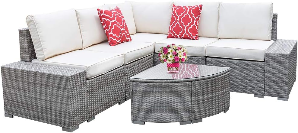 Amazon Com 6 Pieces Patio Furniture Set Outdoor Sectional Sofa All Weather Outdoor Furniture Set Pe Rattan Wicker Patio Sofa Set Patio Conversation Set With Beige Cushion And Glass Table Light Grey Rattan Garden