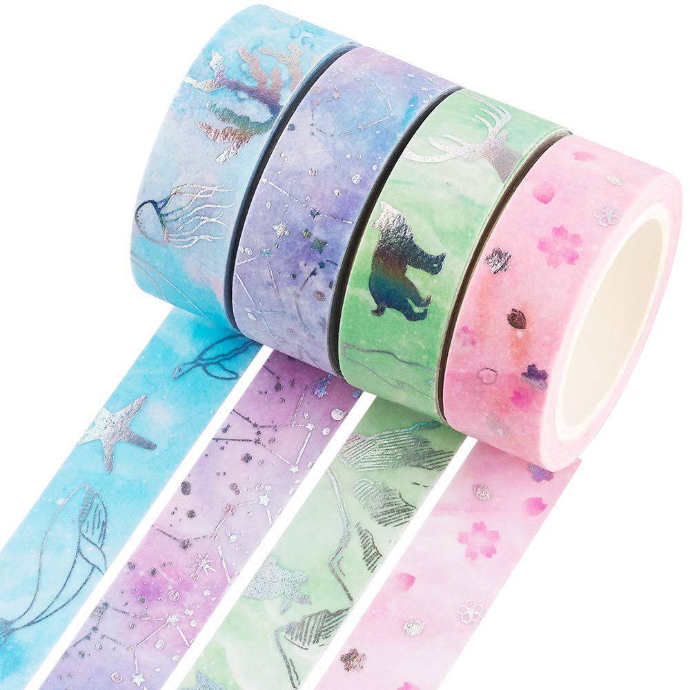 Yubbaex Washi Tape Set Scrapbook Tape Craft Supplies for DIY, Decorative, Gift Wrapping, Scrapbooking 4 Rolls x 15mm Wide (Silver)