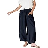 Xiaoxuemeng Womens Wide Leg Pants Cotton Linen Barrel Pants Elastic Waisted Lounge Trousers with Pockets