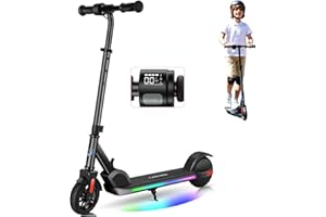 Caroma Electric Scooter for Kids, Adjustable Height & Speed, 150W/180W Kids Electric Scooter For Ages 6-14, Max 10 Mph & 7 Miles, LED Display, Colorful Rainbow Lights, Foldable Scooter for Boy & Girls