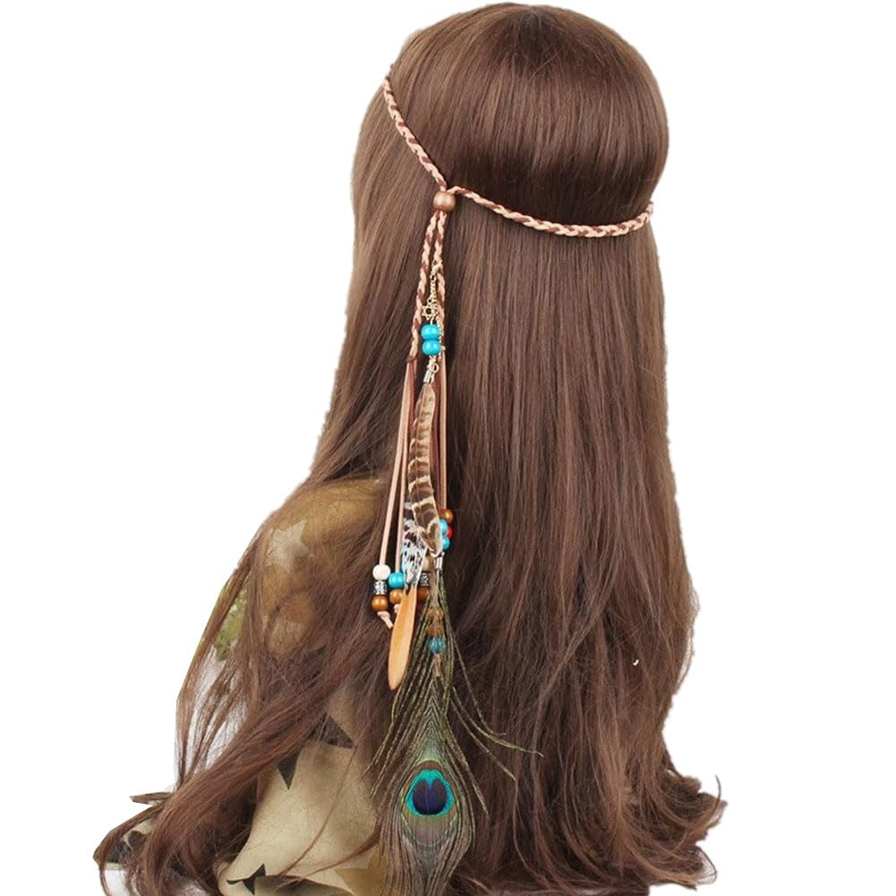 Zhiheng Indian Feather Headdress Necklace Waistband Peacock Hippie Headband Boho Headwear Carnival Head Pieces Hair Accessories Masquerade Fancy Dress for Party Festival (Style 5 New)