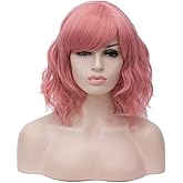 BUFASHION 14" Women Short Wavy Curly Wig Light Pink Bob Wig Cosplay Halloween Synthetic Wigs with Side Bang Wigs(Light Pink)