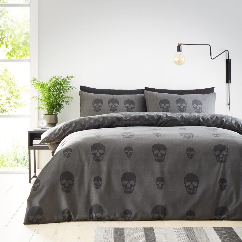 GC GAVENO CAVAILIA Single Duvet Cover Sets (150x200 cm) | Skull Bedding & Linen Reversible Quilt Covers | Polycotton Single Bedding Sets | Washable Linen | Charcoal